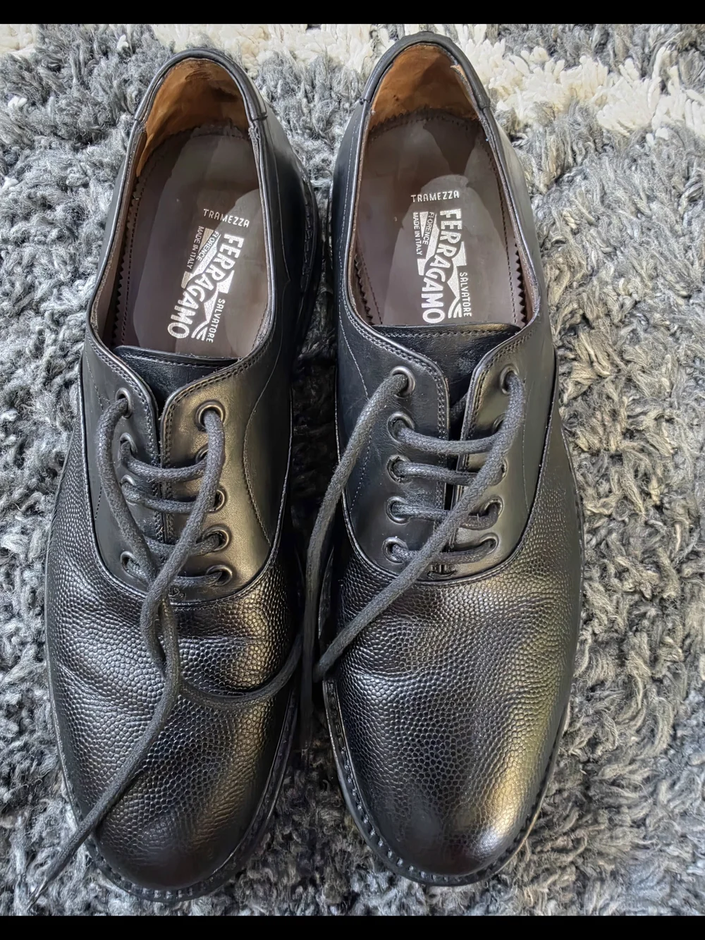 Ferragamo Tramezza Size 9.5M Pebble Leather Plain Toe Oxfords Shoes Black